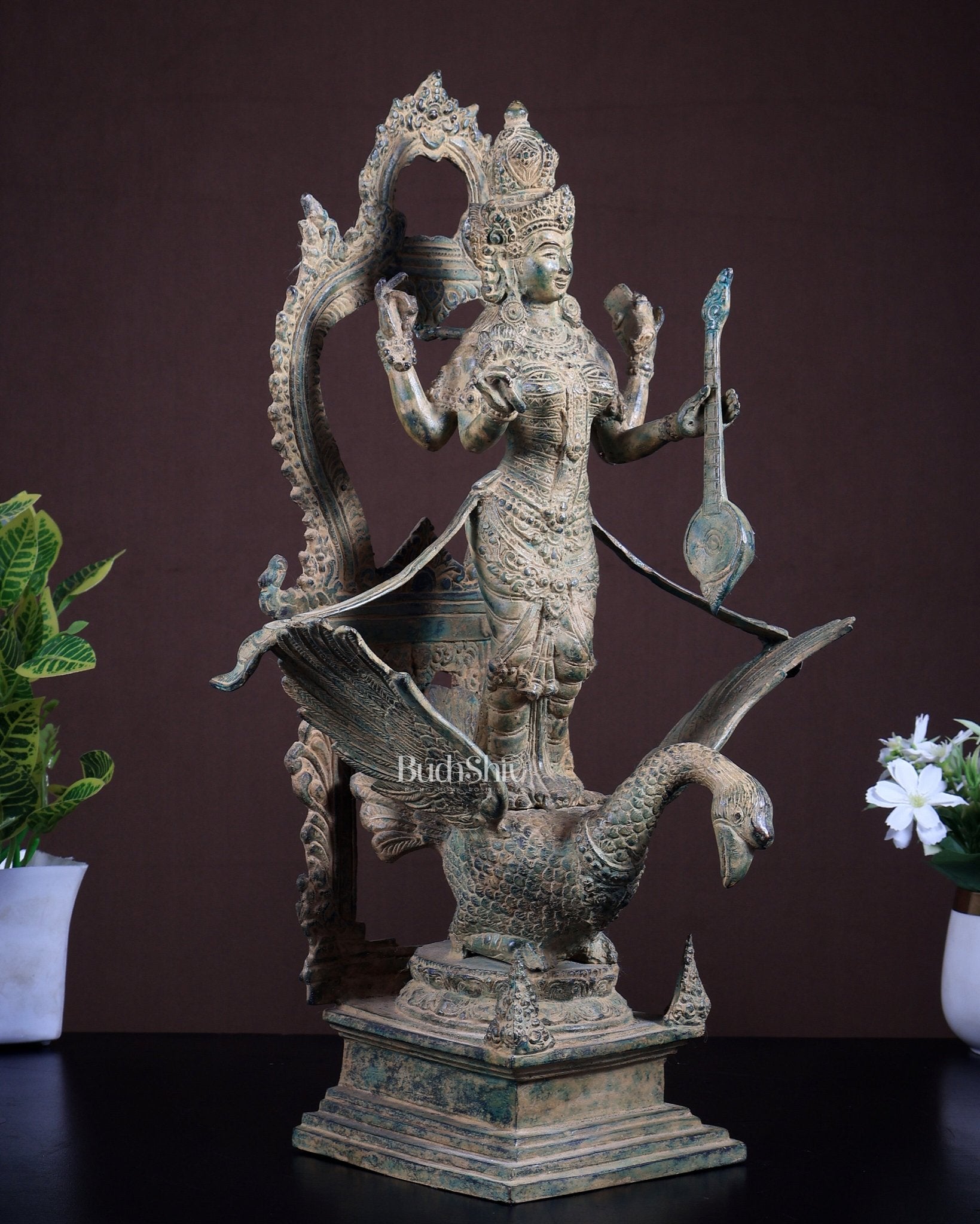 Bronze Saraswati Statue on Swan | Lost Wax Museum Grade Art - Budhshiv.com