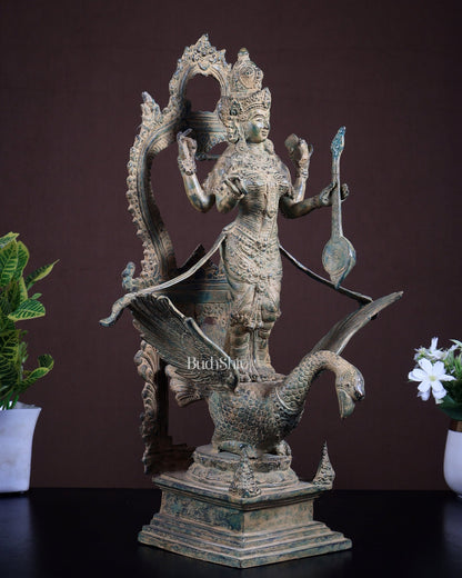 Bronze Saraswati Statue on Swan | Lost Wax Museum Grade Art - Budhshiv.com