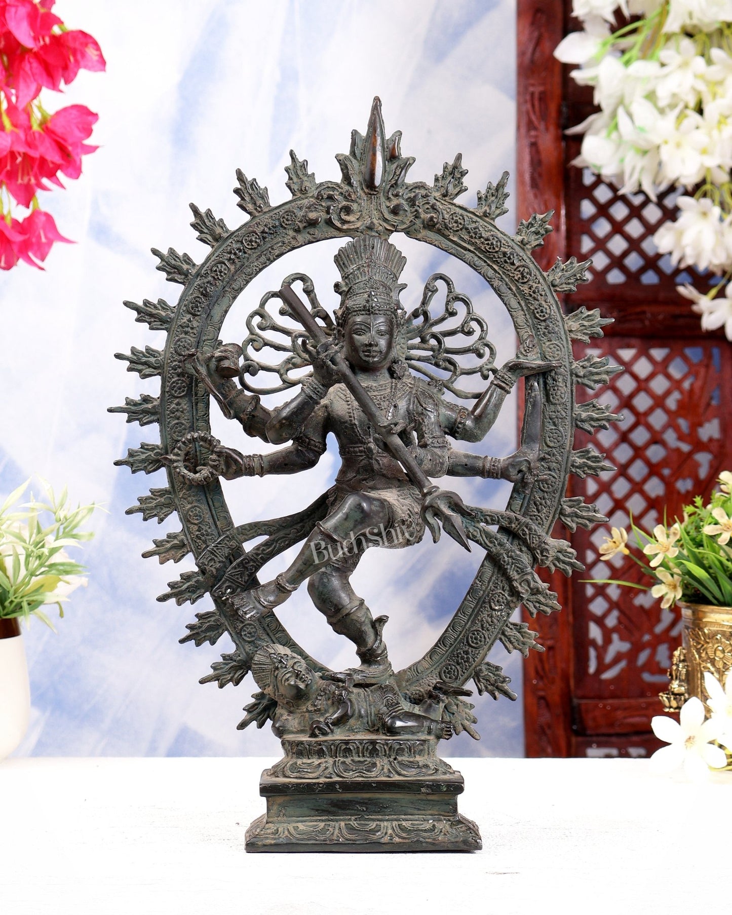 Bronze Sculpture: Dancing Shiva with 6 Arms and Trishul Nataraja | Height: 13.5 inch - Budhshiv.com