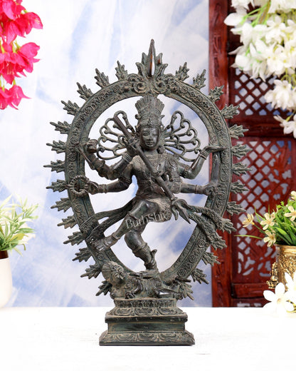 Bronze Sculpture: Dancing Shiva with 6 Arms and Trishul Nataraja | Height: 13.5 inch - Budhshiv.com