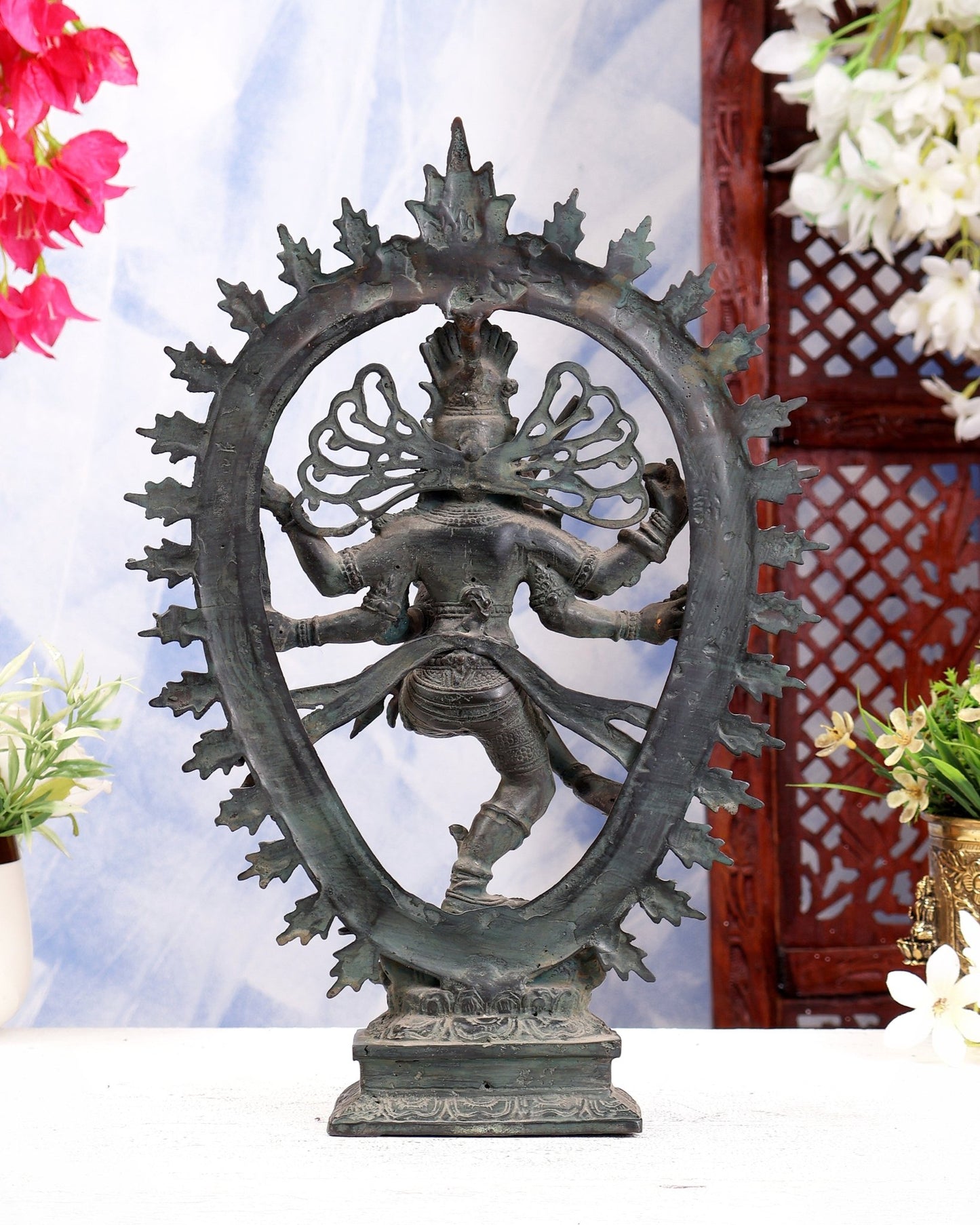 Bronze Sculpture: Dancing Shiva with 6 Arms and Trishul Nataraja | Height: 13.5 inch - Budhshiv.com