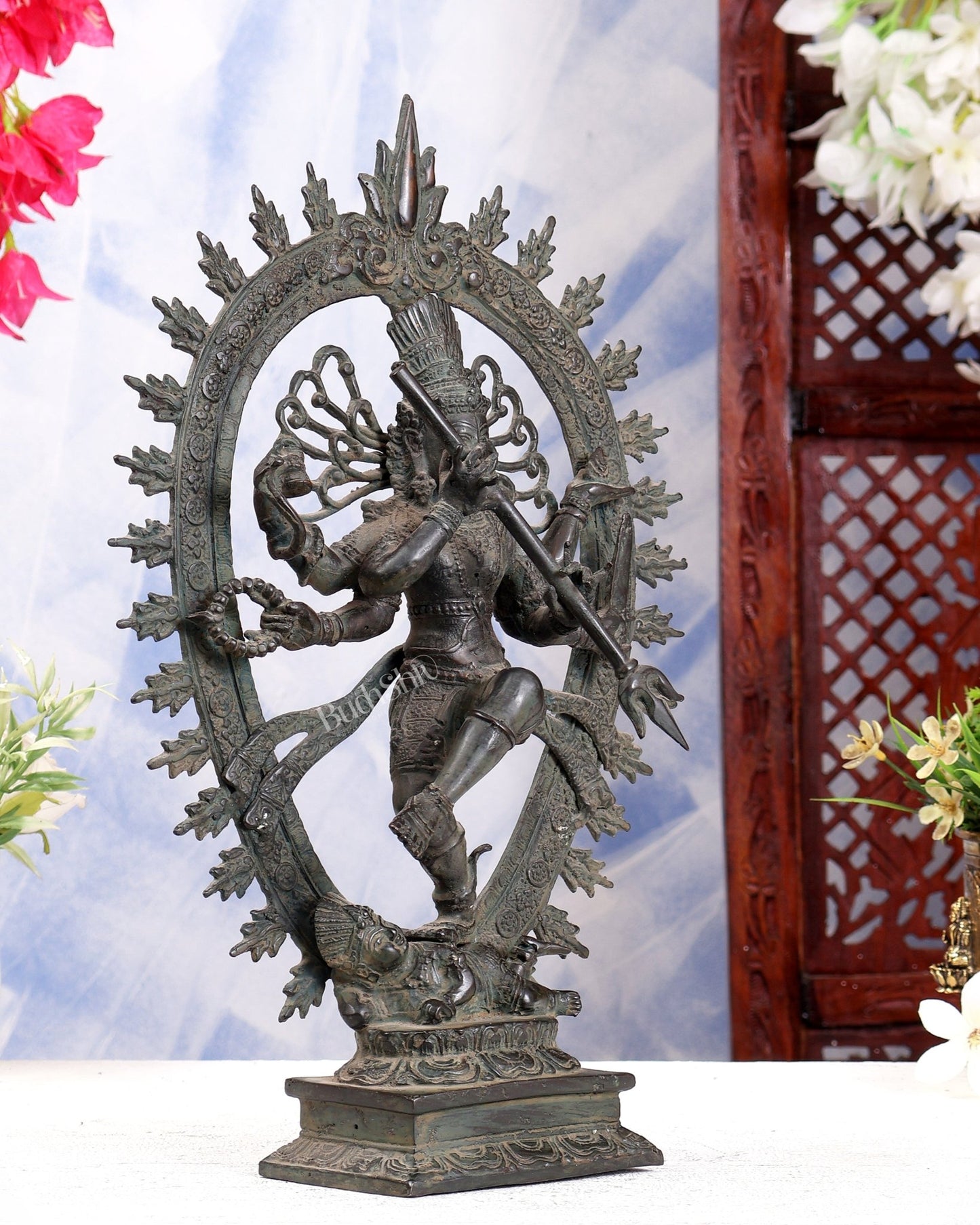 Bronze Sculpture: Dancing Shiva with 6 Arms and Trishul Nataraja | Height: 13.5 inch - Budhshiv.com