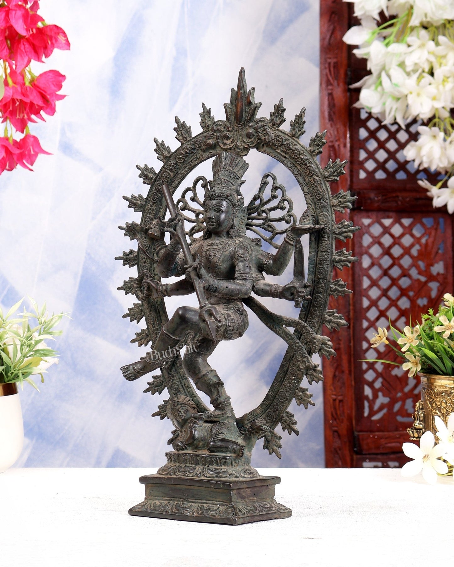 Bronze Sculpture: Dancing Shiva with 6 Arms and Trishul Nataraja | Height: 13.5 inch - Budhshiv.com