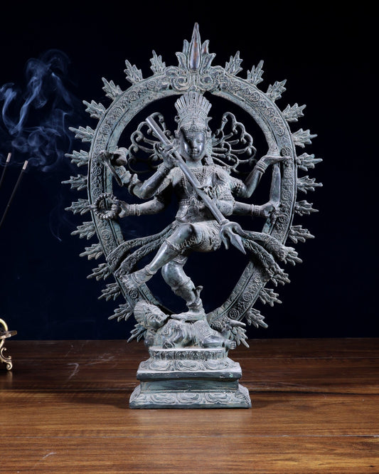 Bronze Sculpture: Dancing Shiva with 6 Arms and Trishul Nataraja | Height: 13.5 inch - Budhshiv.com