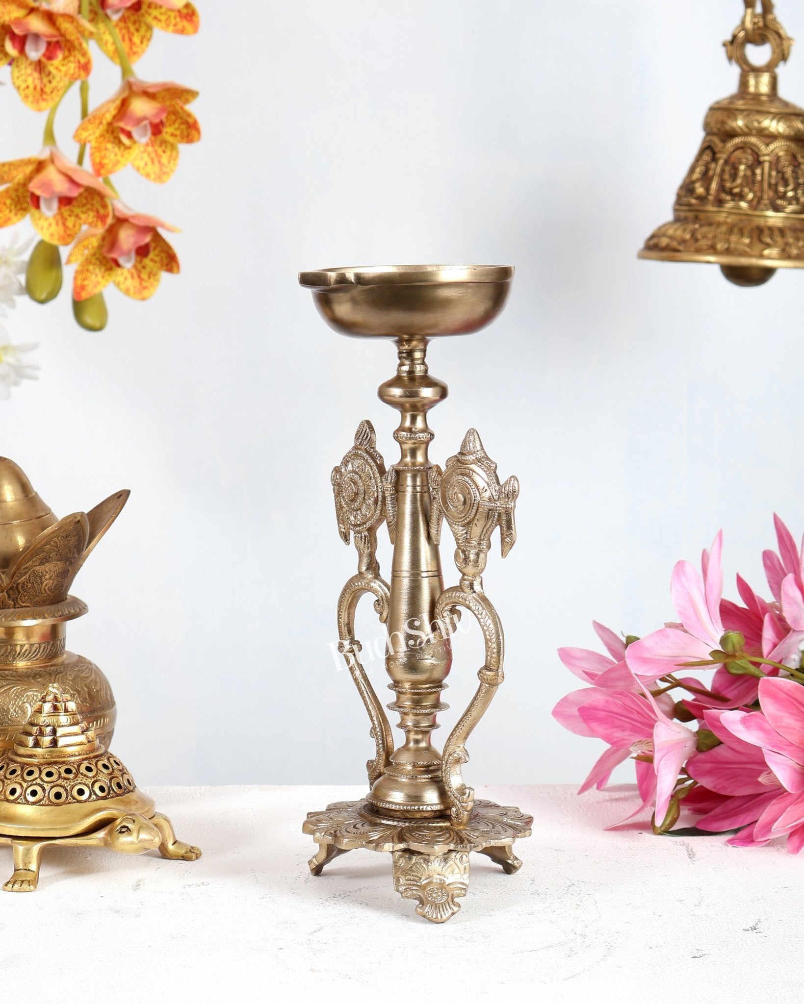 Bronze Shankh Chakra Design Oil Lamp Diya – Unique Traditional Deepam 12.5 inch - Budhshiv.com