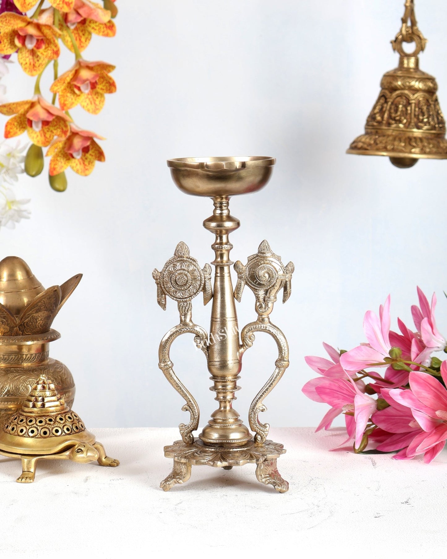 Bronze Shankh Chakra Design Oil Lamp Diya – Unique Traditional Deepam 12.5 inch - Budhshiv.com