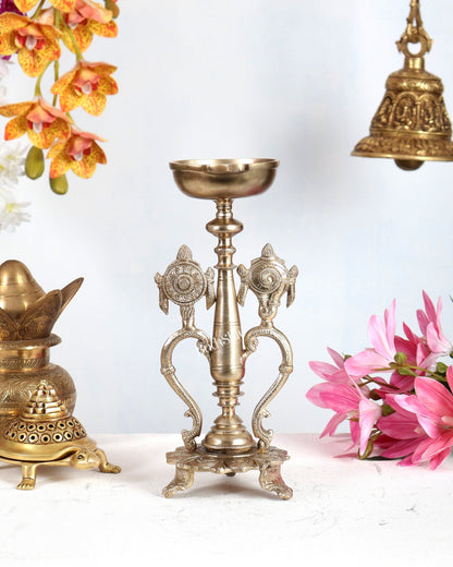 Bronze Shankh Chakra Design Oil Lamp Diya – Unique Traditional Deepam 12.5 inch - Budhshiv.com