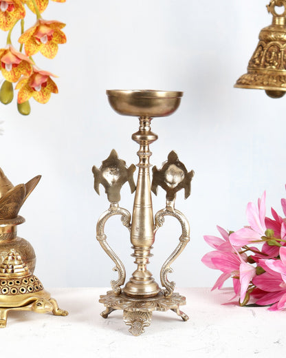 Bronze Shankh Chakra Design Oil Lamp Diya – Unique Traditional Deepam 12.5 inch - Budhshiv.com