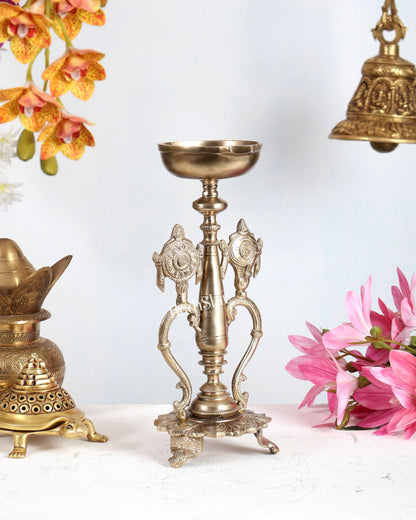 Bronze Shankh Chakra Design Oil Lamp Diya – Unique Traditional Deepam 12.5 inch - Budhshiv.com