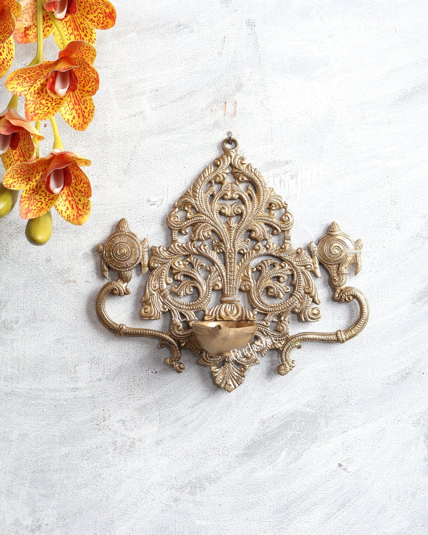 Bronze Shankh Chakra Wall Hanging Oil Lamp Diya – Traditional Divine Deepam 9 inch - Budhshiv.com