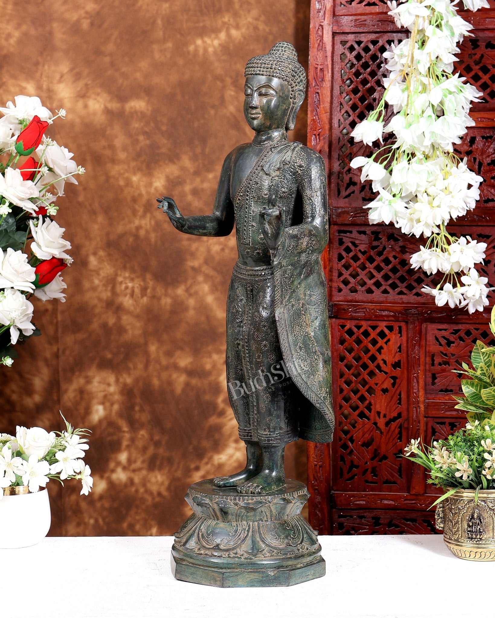 Bronze Standing Buddha Sculpture – Balinese Lost Wax Casted Spiritual Artefact 25 inch - Budhshiv.com