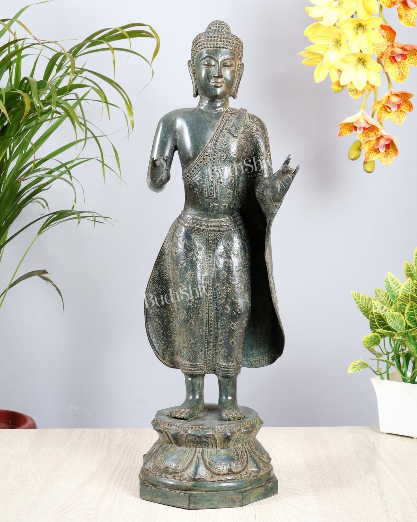 Bronze Standing Buddha Sculpture – Balinese Lost Wax Casted Spiritual Artefact 25 inch - Budhshiv.com