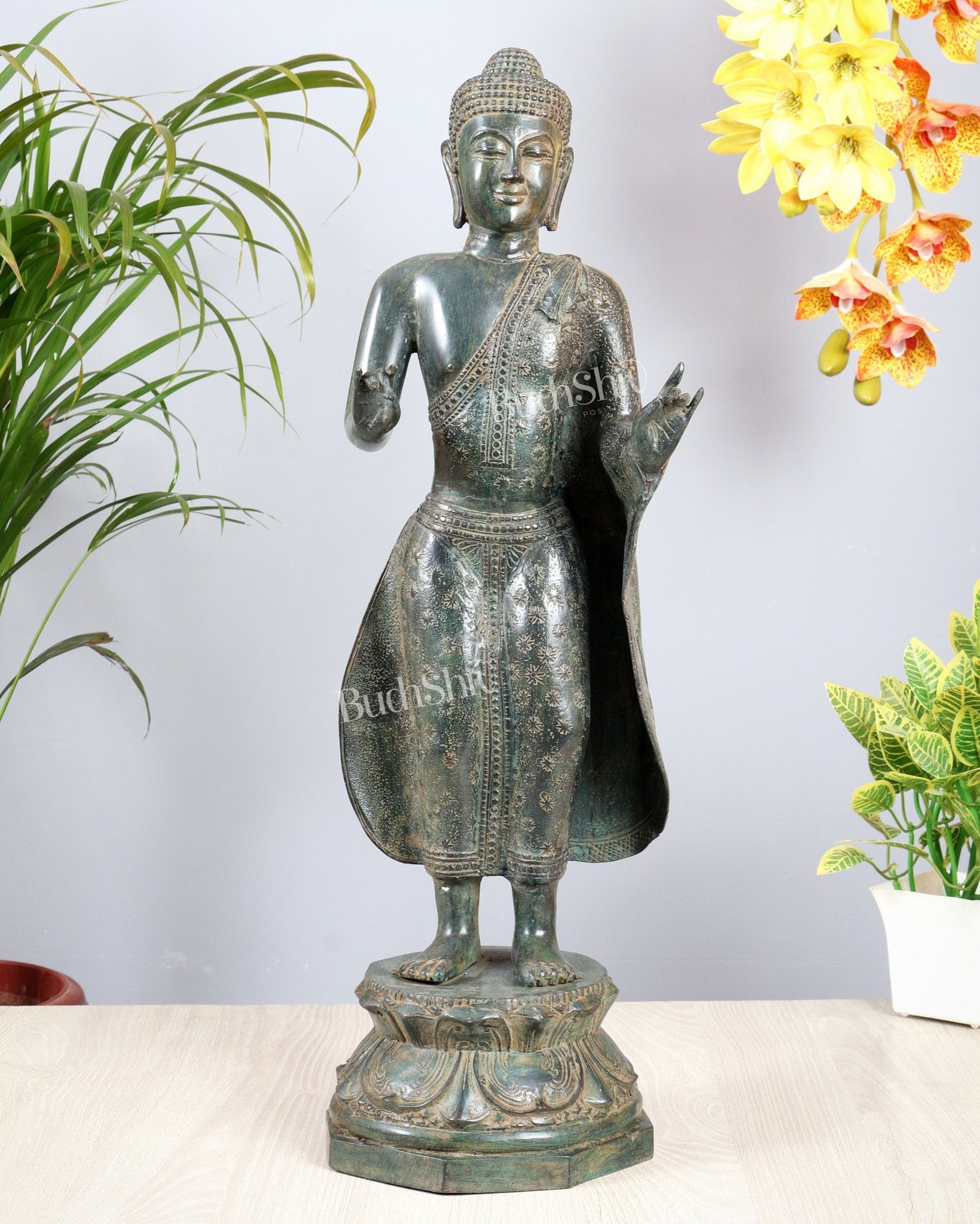Bronze Standing Buddha Sculpture – Balinese Lost Wax Casted Spiritual Artefact 25 inch - Budhshiv.com