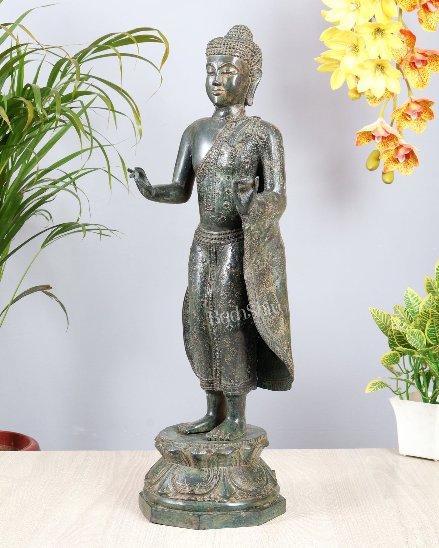 Bronze Standing Buddha Sculpture – Balinese Lost Wax Casted Spiritual Artefact 25 inch - Budhshiv.com