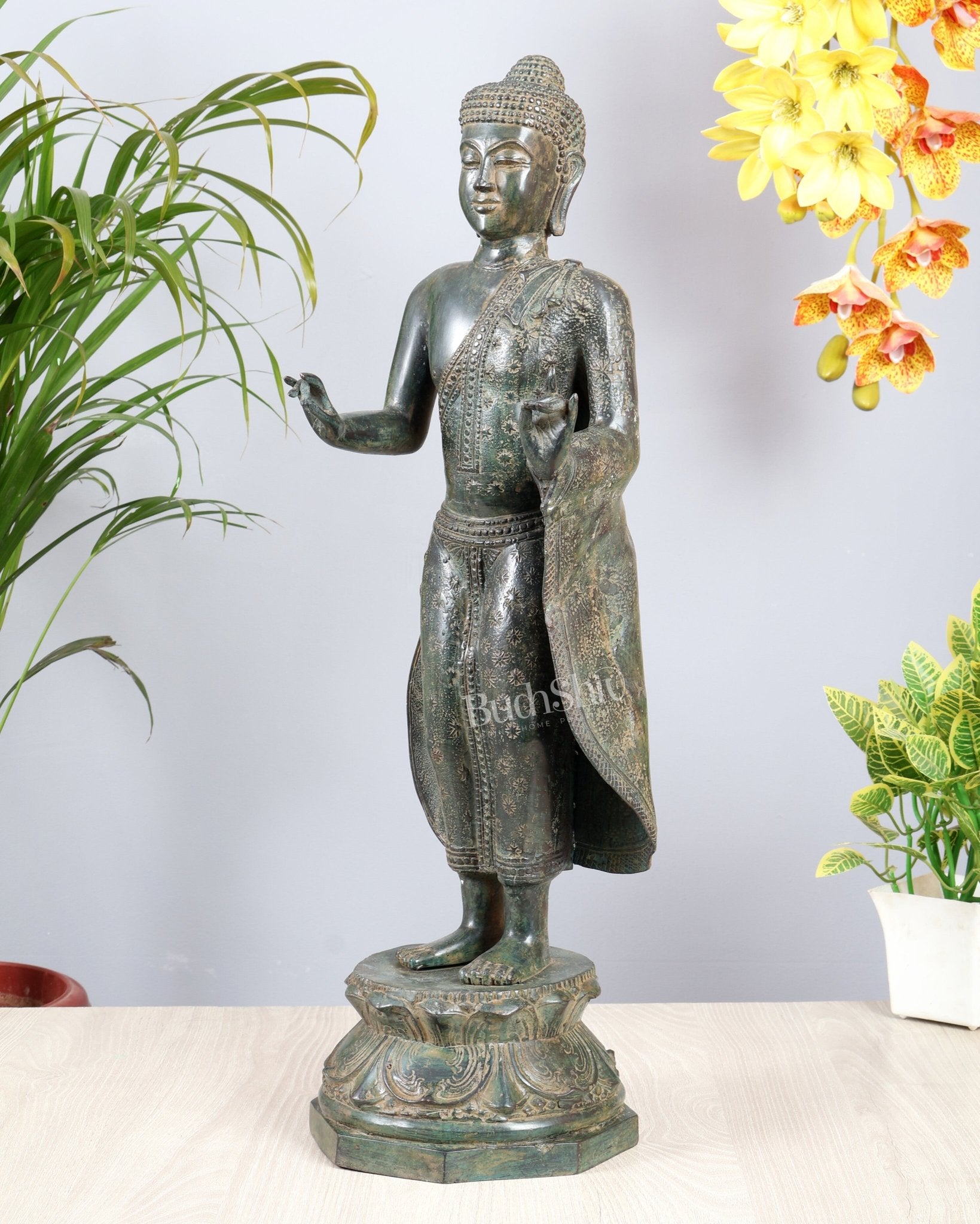 Bronze Standing Buddha Sculpture – Balinese Lost Wax Casted Spiritual Artefact 25 inch - Budhshiv.com