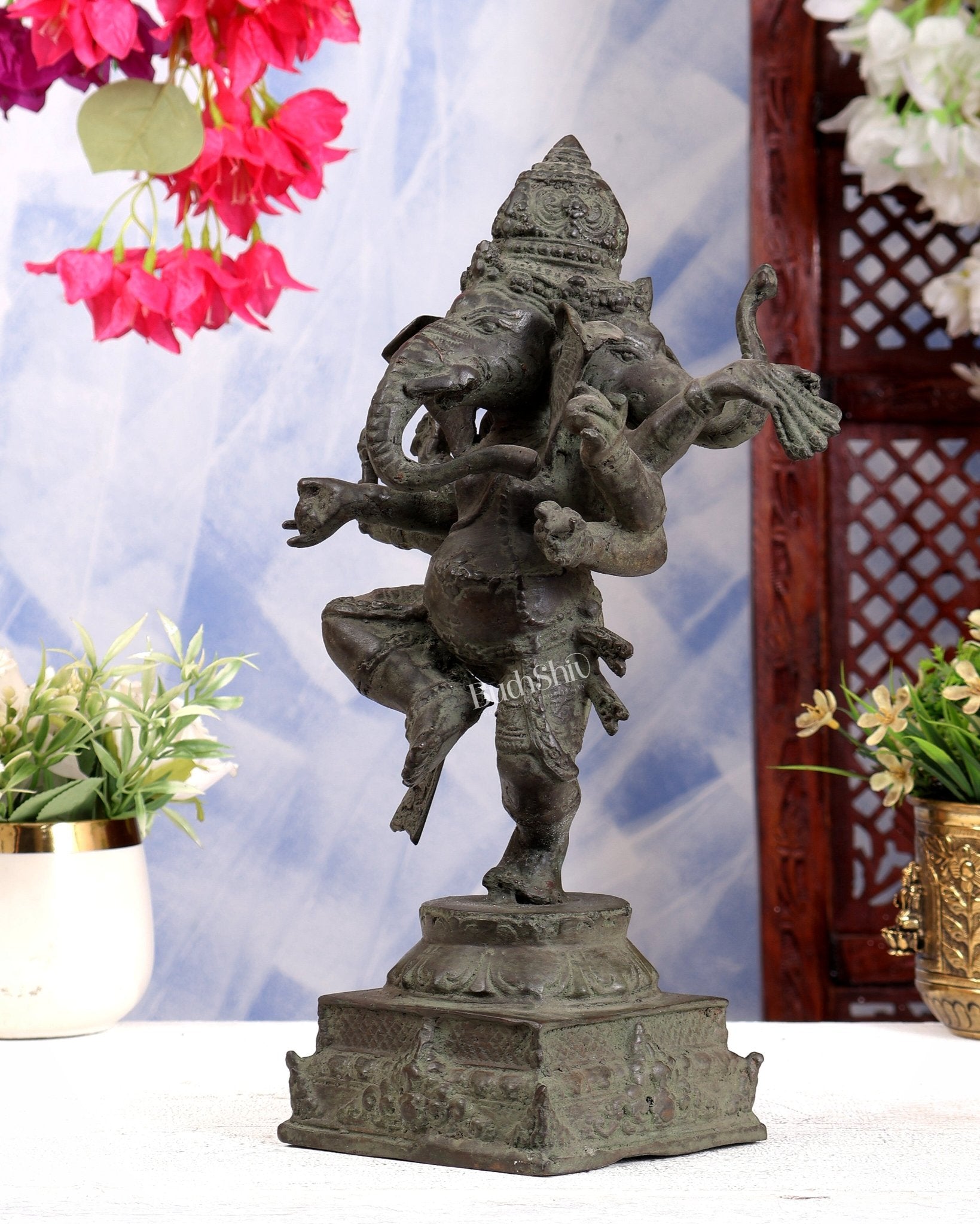 Bronze Trimukhi Dancing Ganesha Balinese Sculpture 13 inch - Budhshiv.com