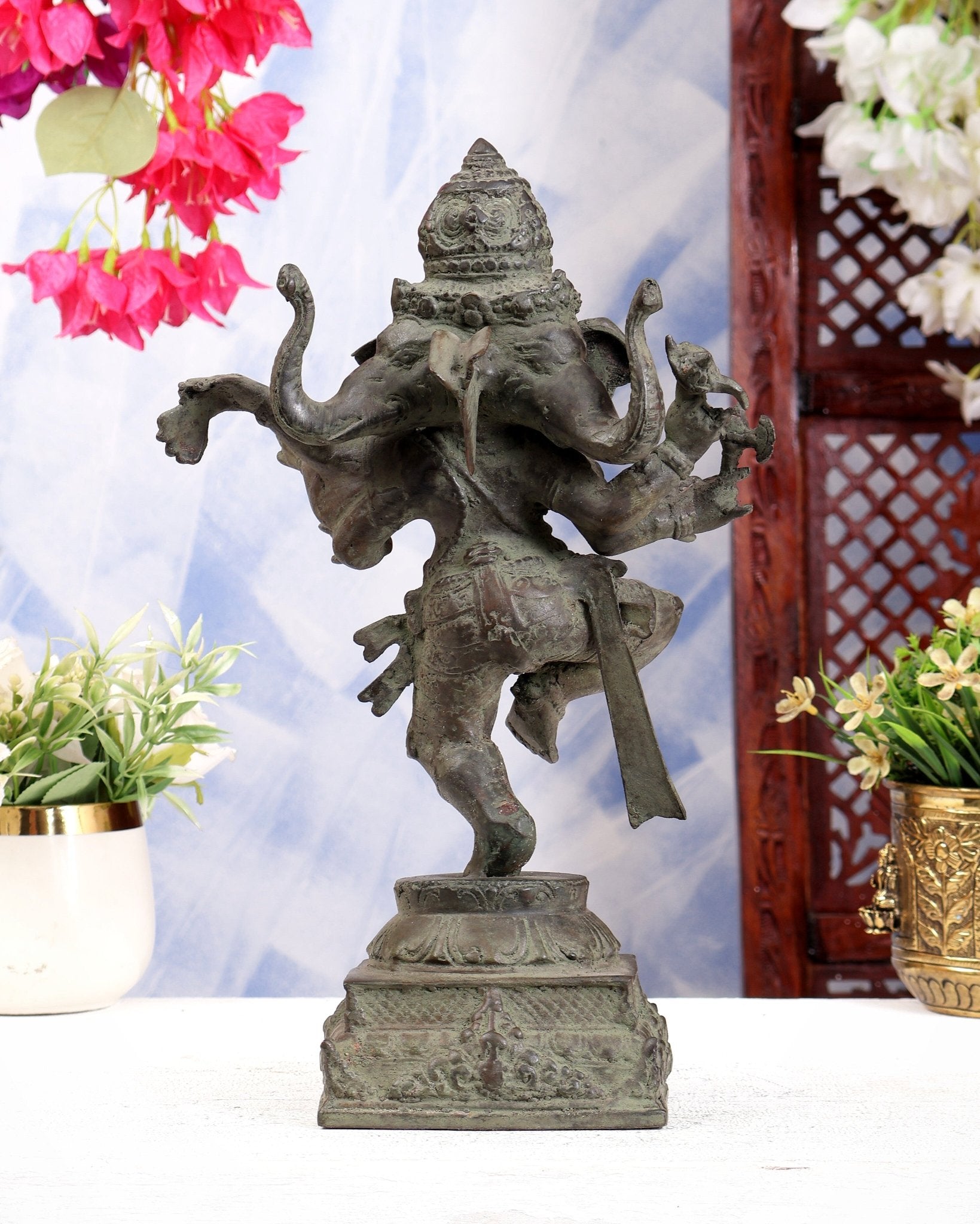 Bronze Trimukhi Dancing Ganesha Balinese Sculpture 13 inch - Budhshiv.com