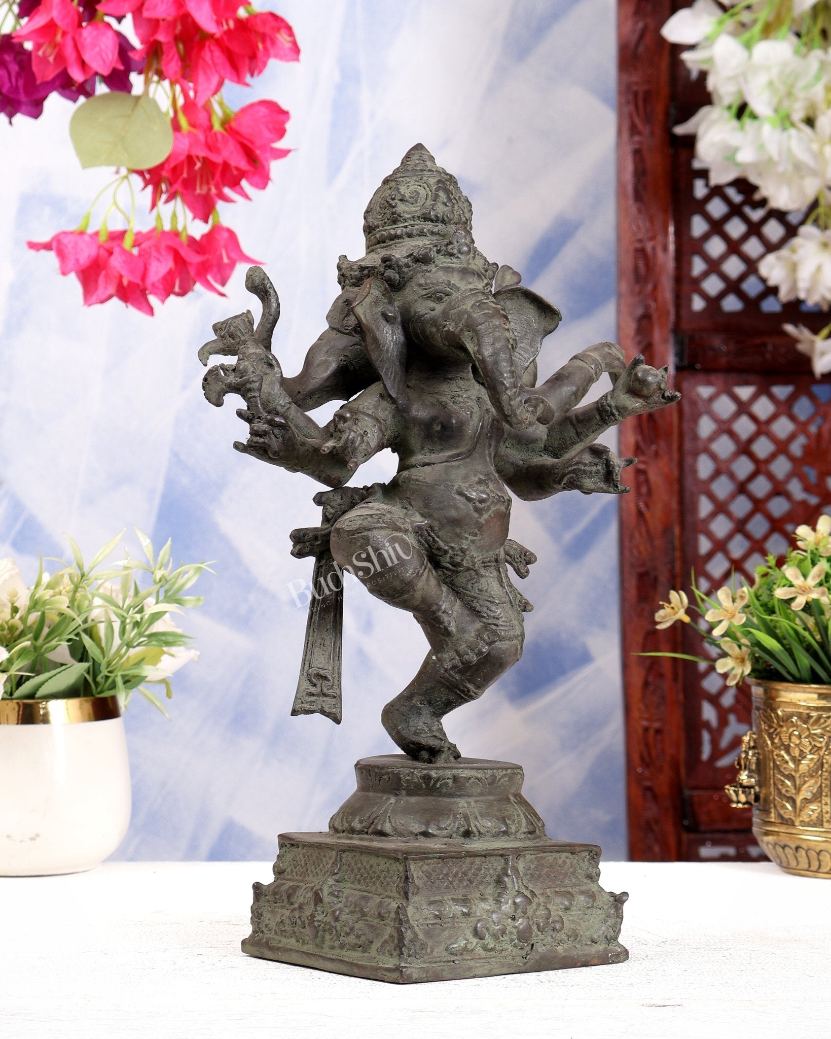 Bronze Trimukhi Dancing Ganesha Balinese Sculpture 13 inch - Budhshiv.com