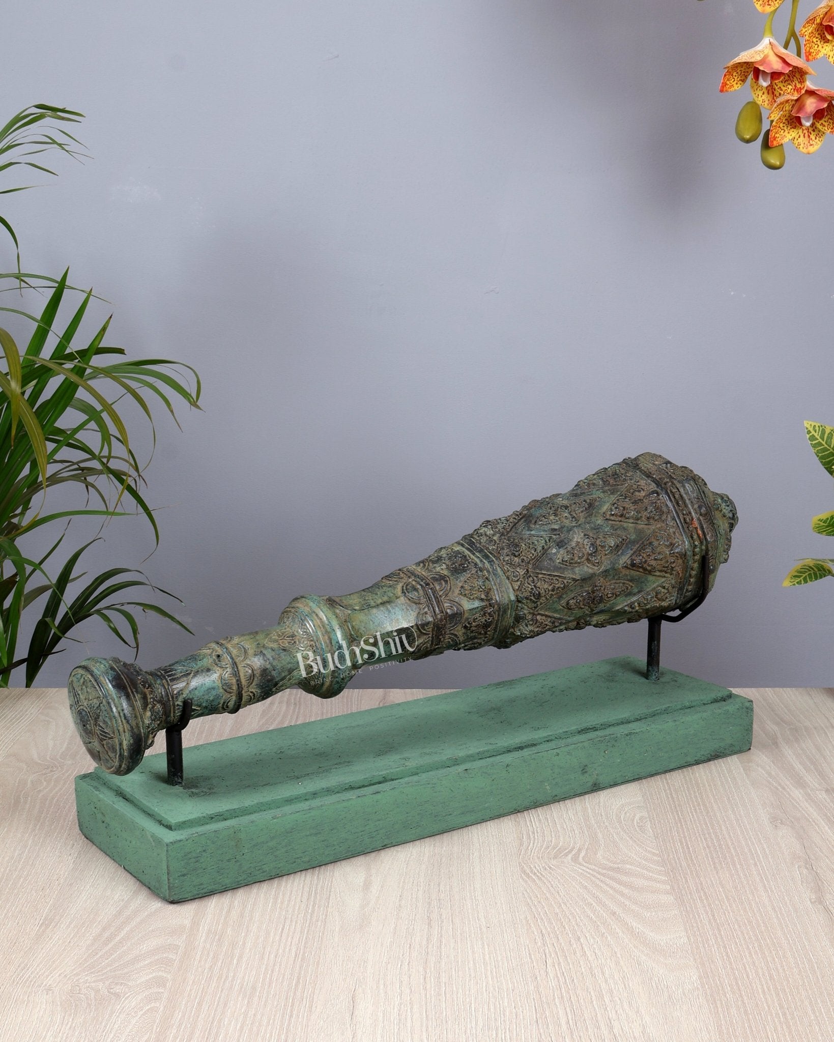 Bronze Vishnu Gada (Mace) Artefact – Lost Wax Casted Sacred Sculpture (22 Inch Width) - Budhshiv.com