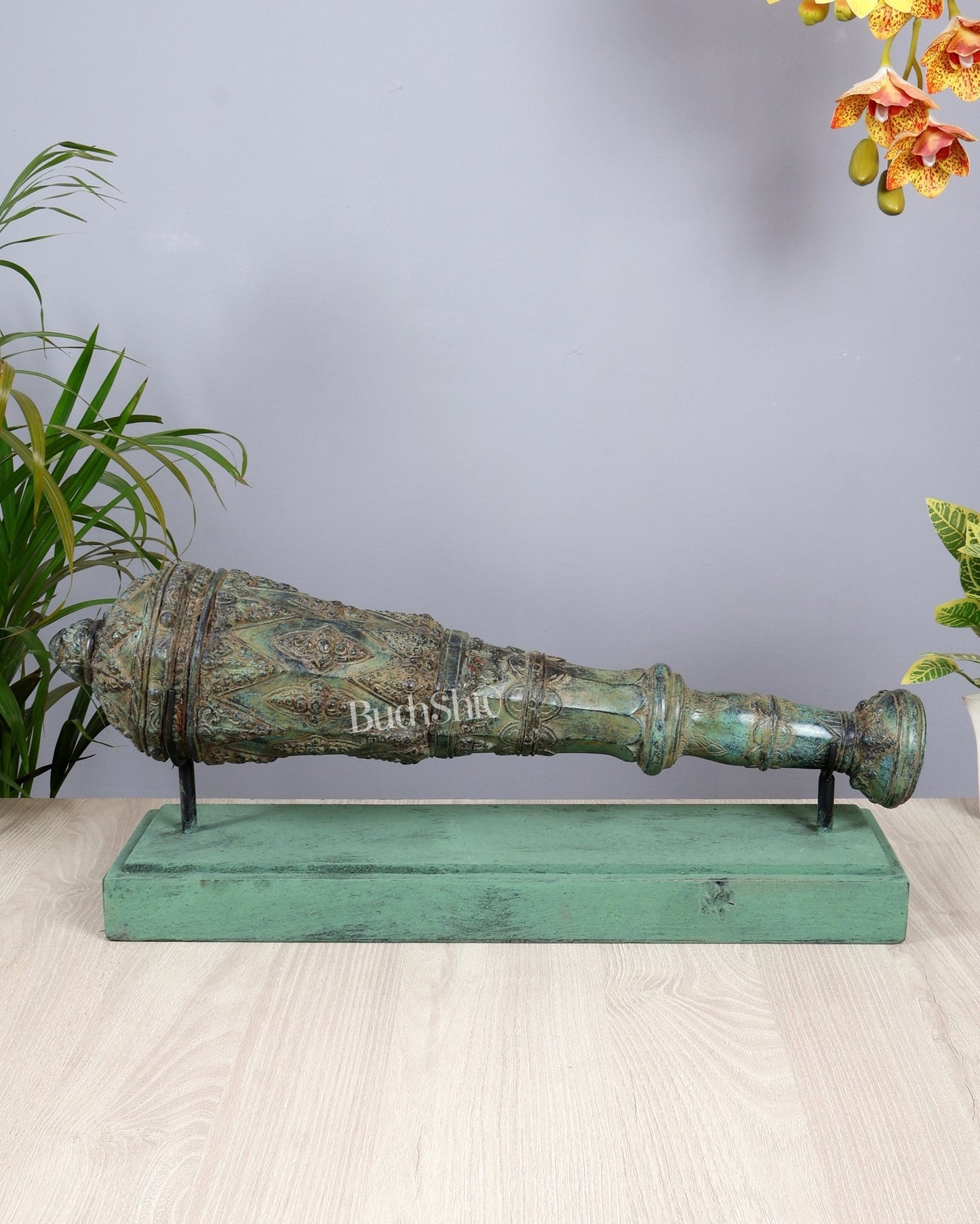 Bronze Vishnu Gada (Mace) Artefact – Lost Wax Casted Sacred Sculpture (22 Inch Width) - Budhshiv.com