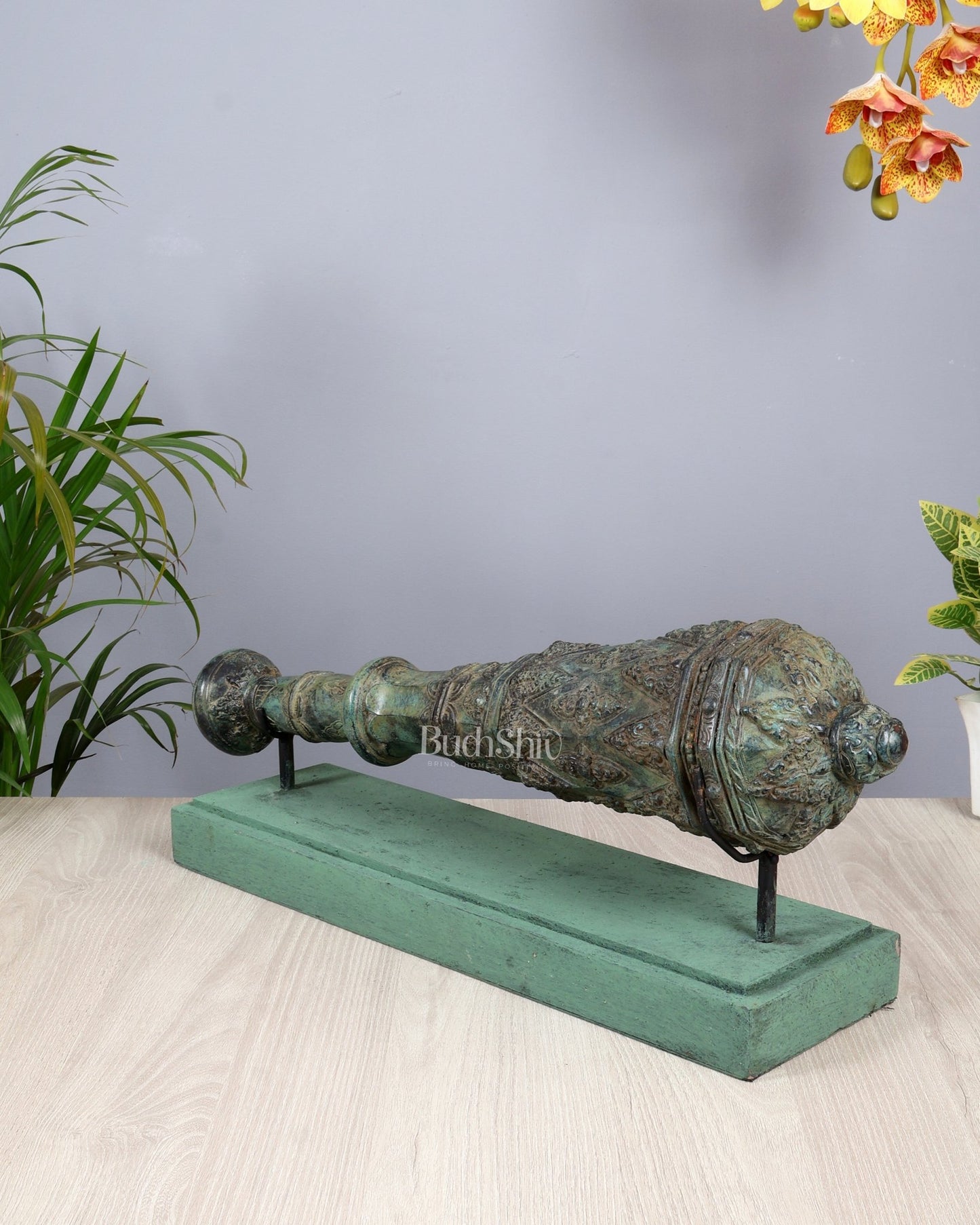 Bronze Vishnu Gada (Mace) Artefact – Lost Wax Casted Sacred Sculpture (22 Inch Width) - Budhshiv.com