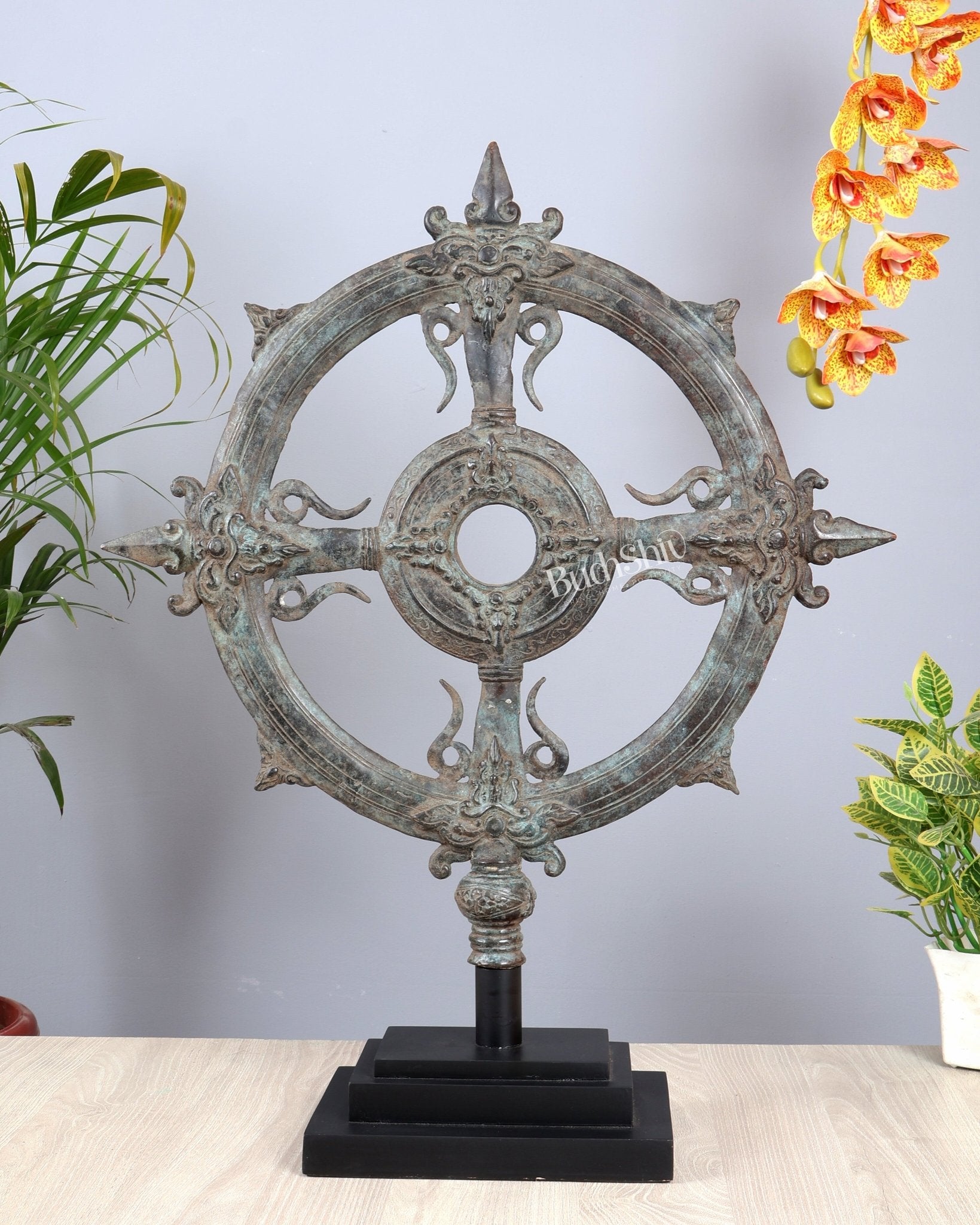 Bronze Vishnu Sudarshana Chakra Artefact – Lost Wax Casted Sacred Sculpture (26 Inch) - Budhshiv.com