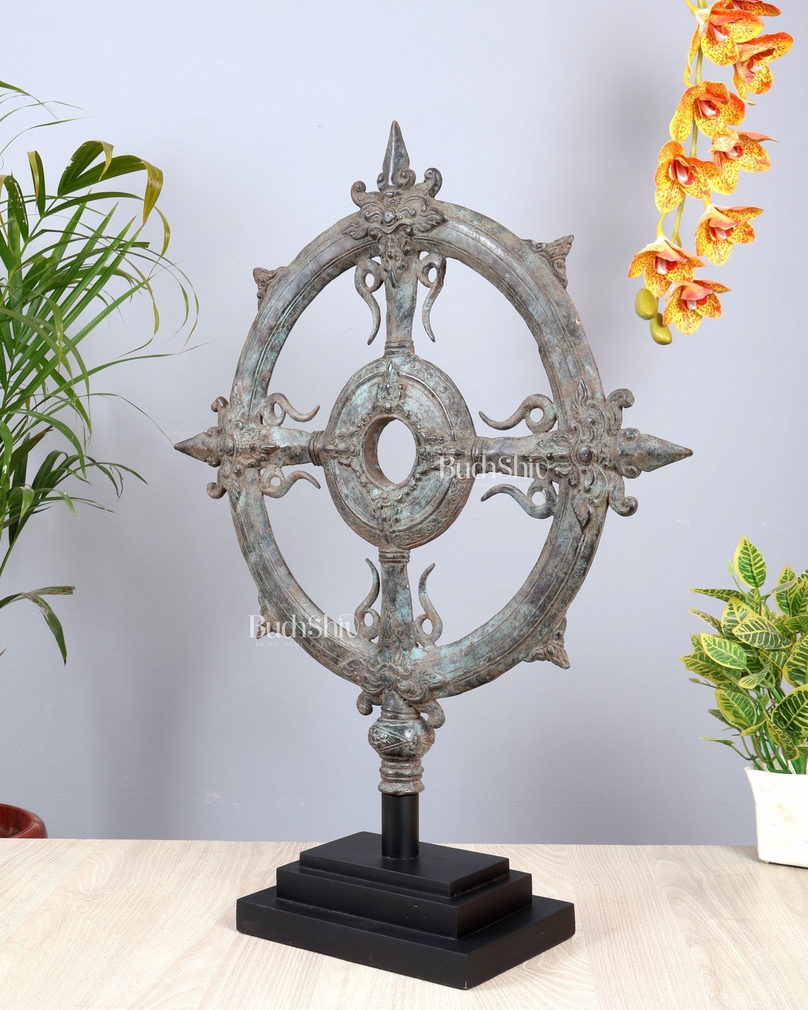 Bronze Vishnu Sudarshana Chakra Artefact – Lost Wax Casted Sacred Sculpture (26 Inch) - Budhshiv.com