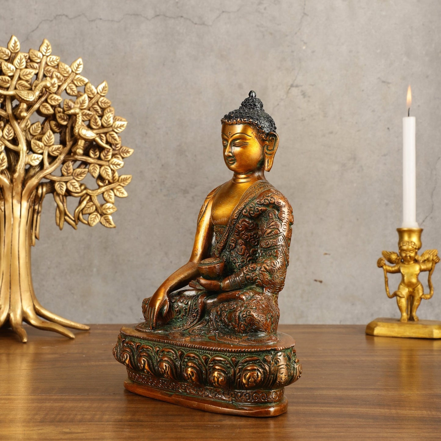 Buddha Bhumisparsha Life Story Engraved Statue - Dual Tone, 9" Height - Budhshiv.com