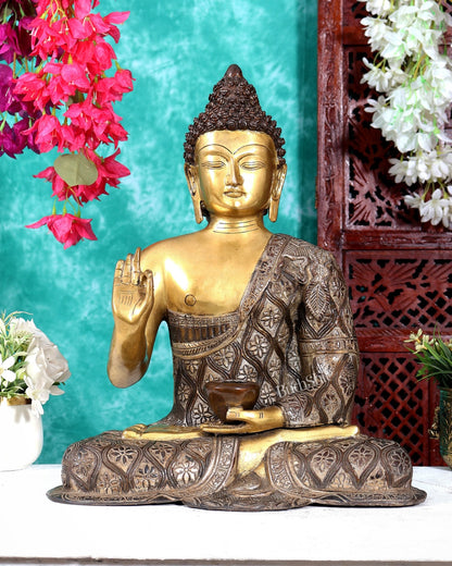 Buddha Brass Idol 17 inch blessing dual tone copper silver tone - Budhshiv.com