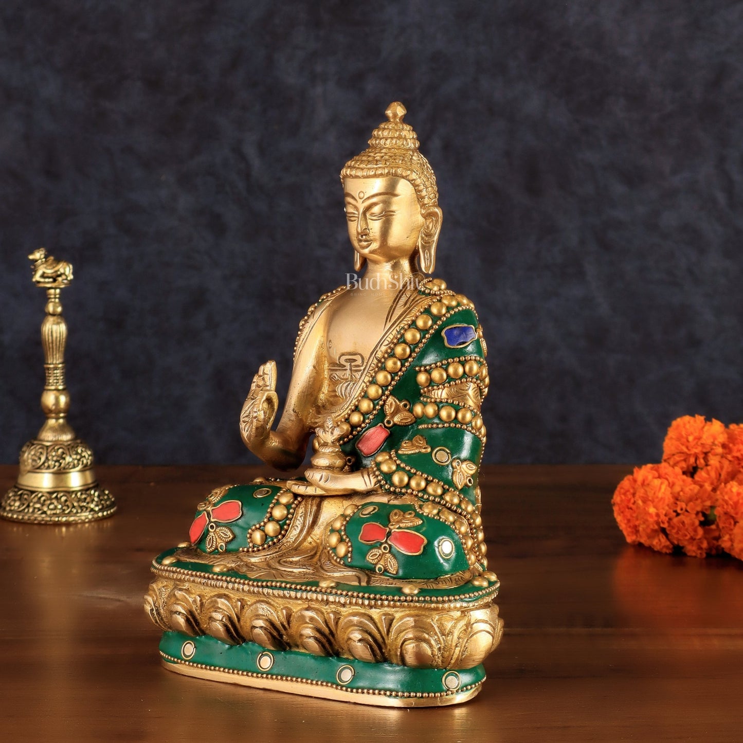 Buddha Brass idol blessing Abhaya mudra 7.5" - Budhshiv.com