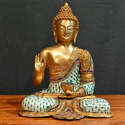Buddha Brass Idol in Aashirwaad Abhaya Mudra - 17 Inch, Exquisite Stonework - Budhshiv.com