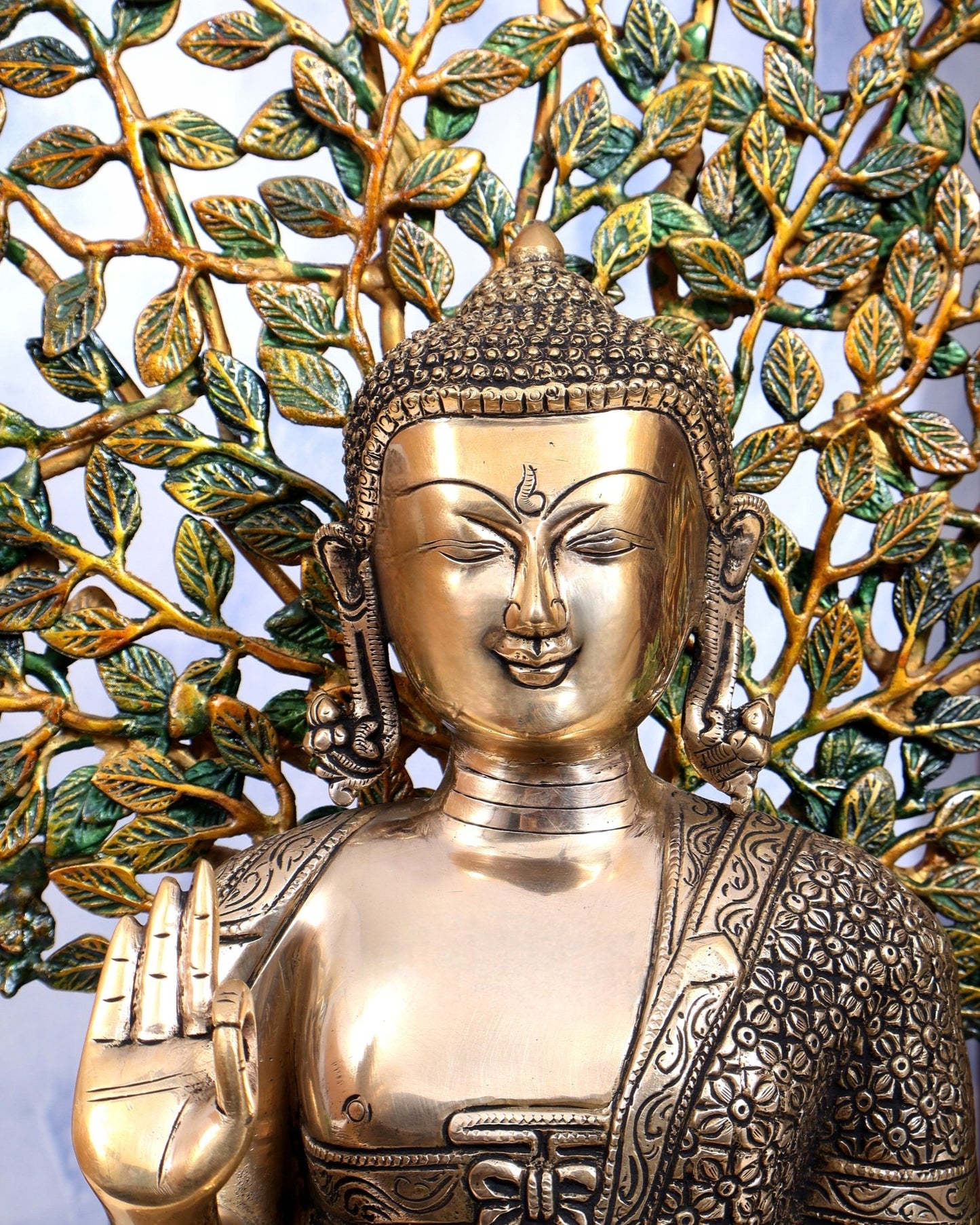 Buddha Brass statue with tree 25 inch three tone finish - Budhshiv.com