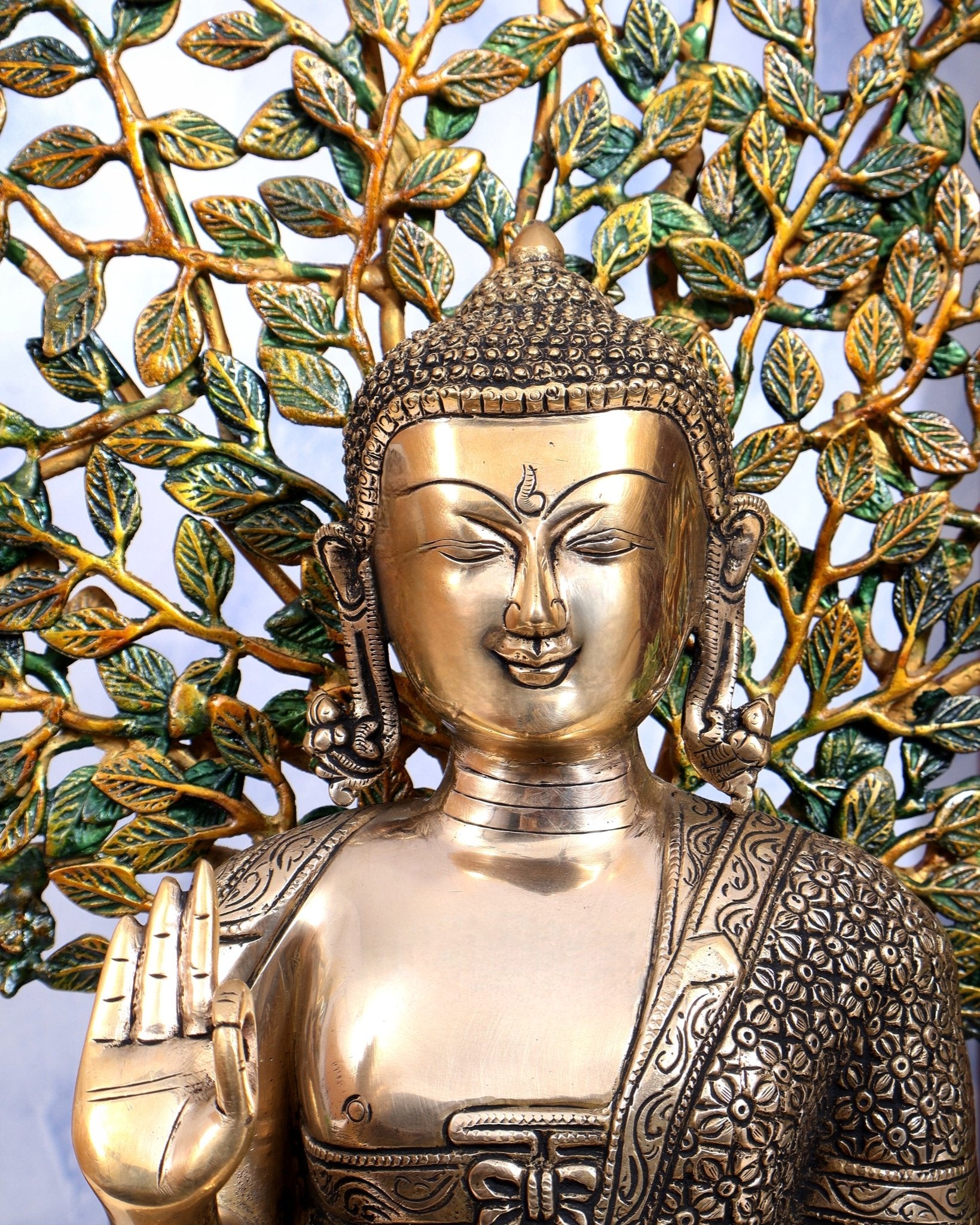 Buddha Brass statue with tree 25 inch three tone finish - Budhshiv.com