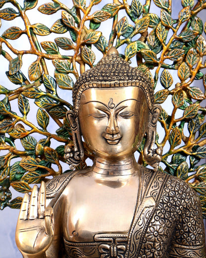 Buddha Brass statue with tree 25 inch three tone finish - Budhshiv.com