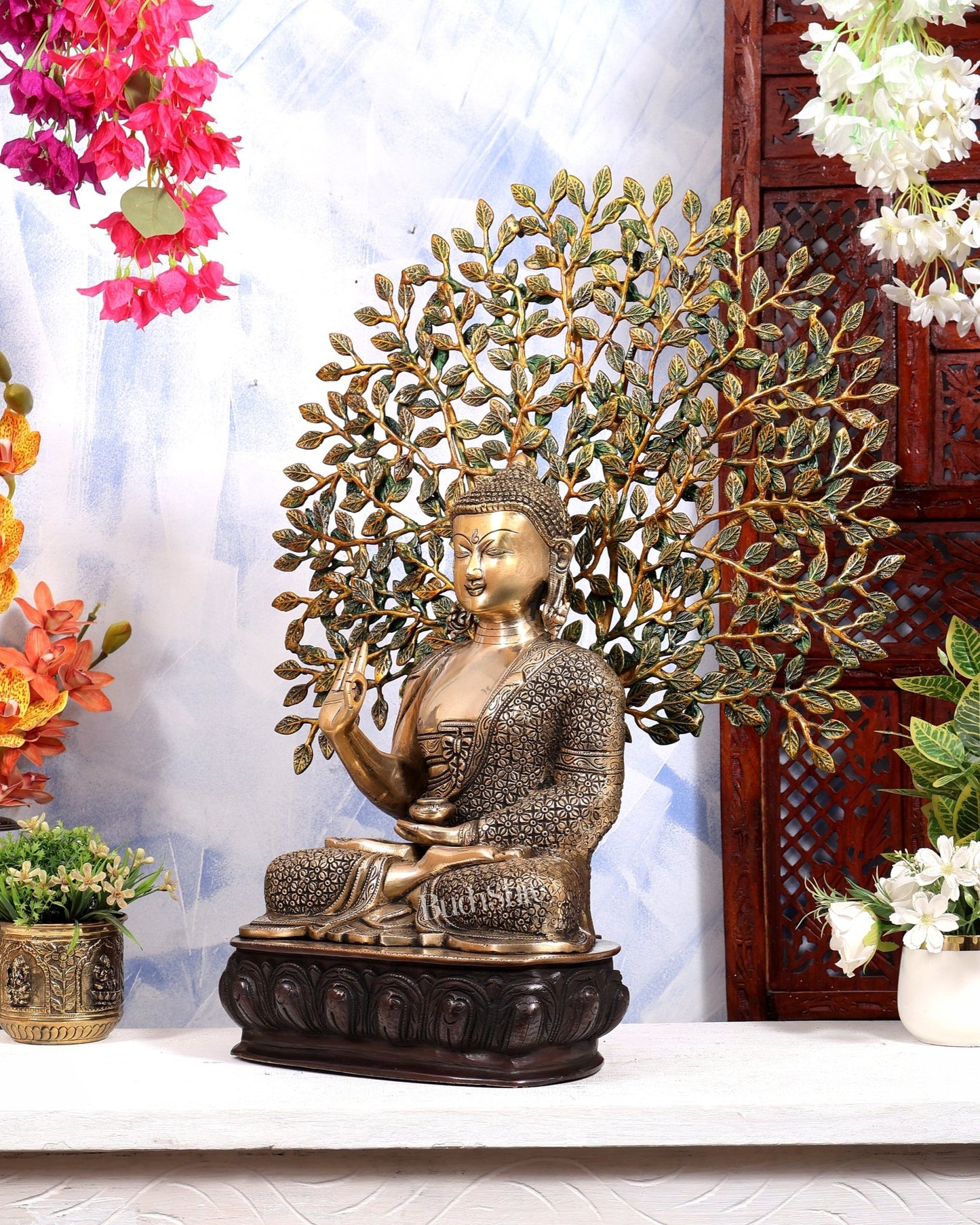 Buddha Brass statue with tree 25 inch three tone finish - Budhshiv.com