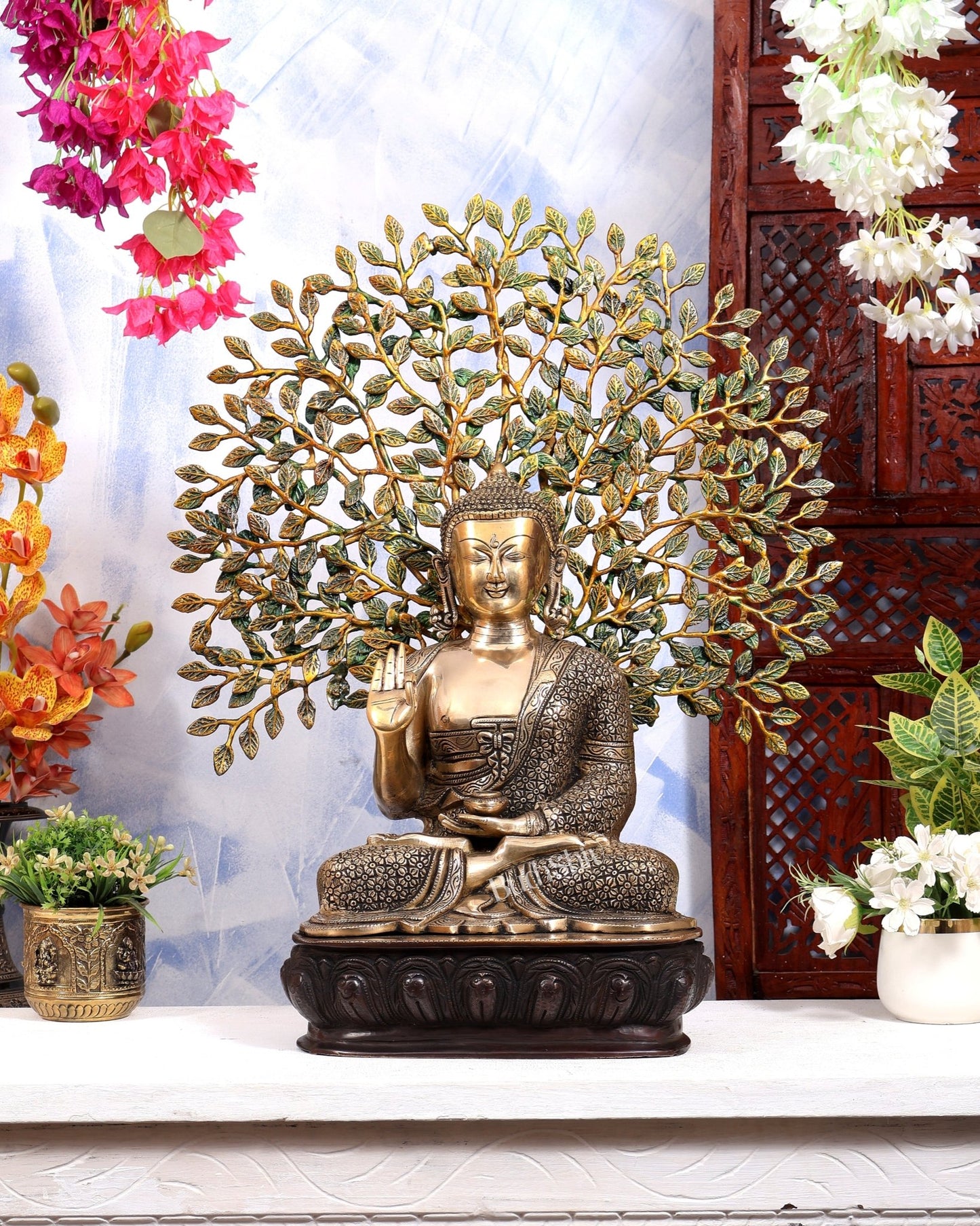 Buddha Brass statue with tree 25 inch three tone finish - Budhshiv.com