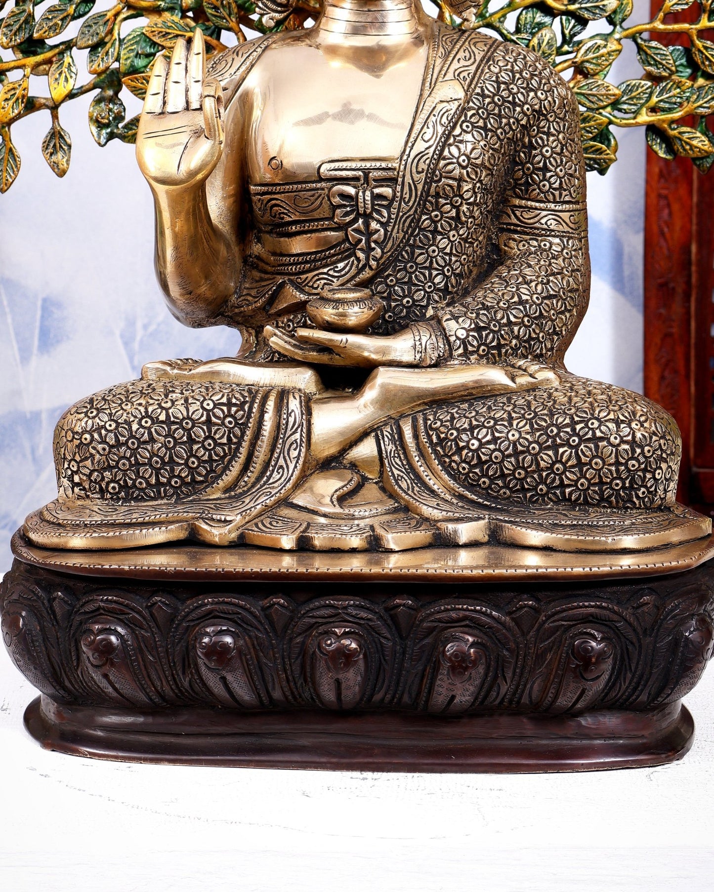 Buddha Brass statue with tree 25 inch three tone finish - Budhshiv.com