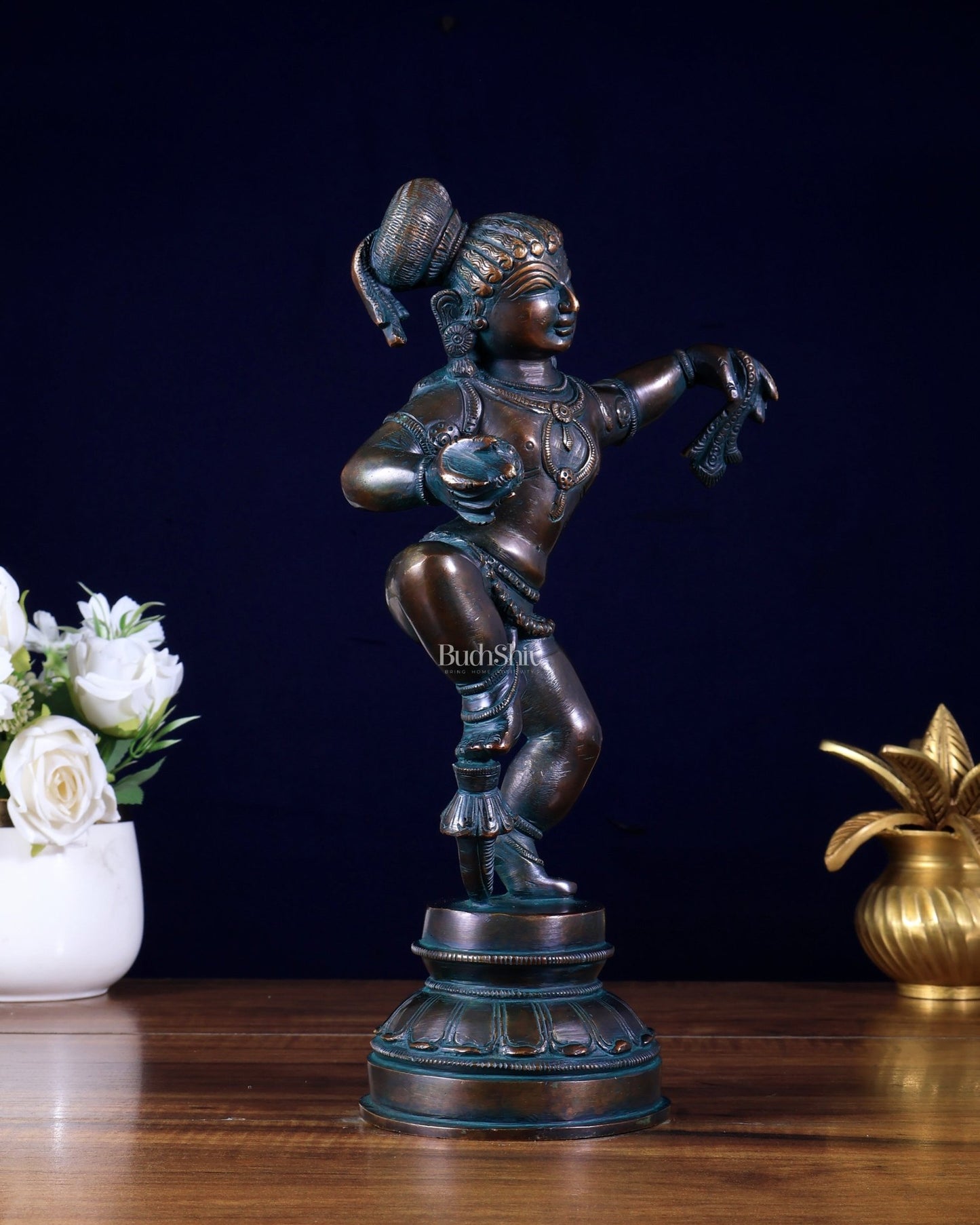 Charming 12 - Inch Brass Dancing Baby Krishna Idol antique finish - Budhshiv.com