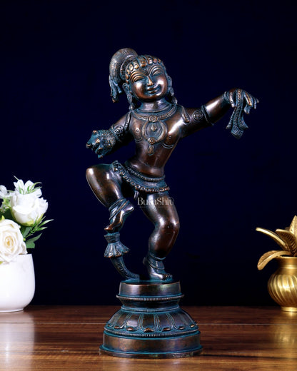 Charming 12 - Inch Brass Dancing Baby Krishna Idol antique finish - Budhshiv.com