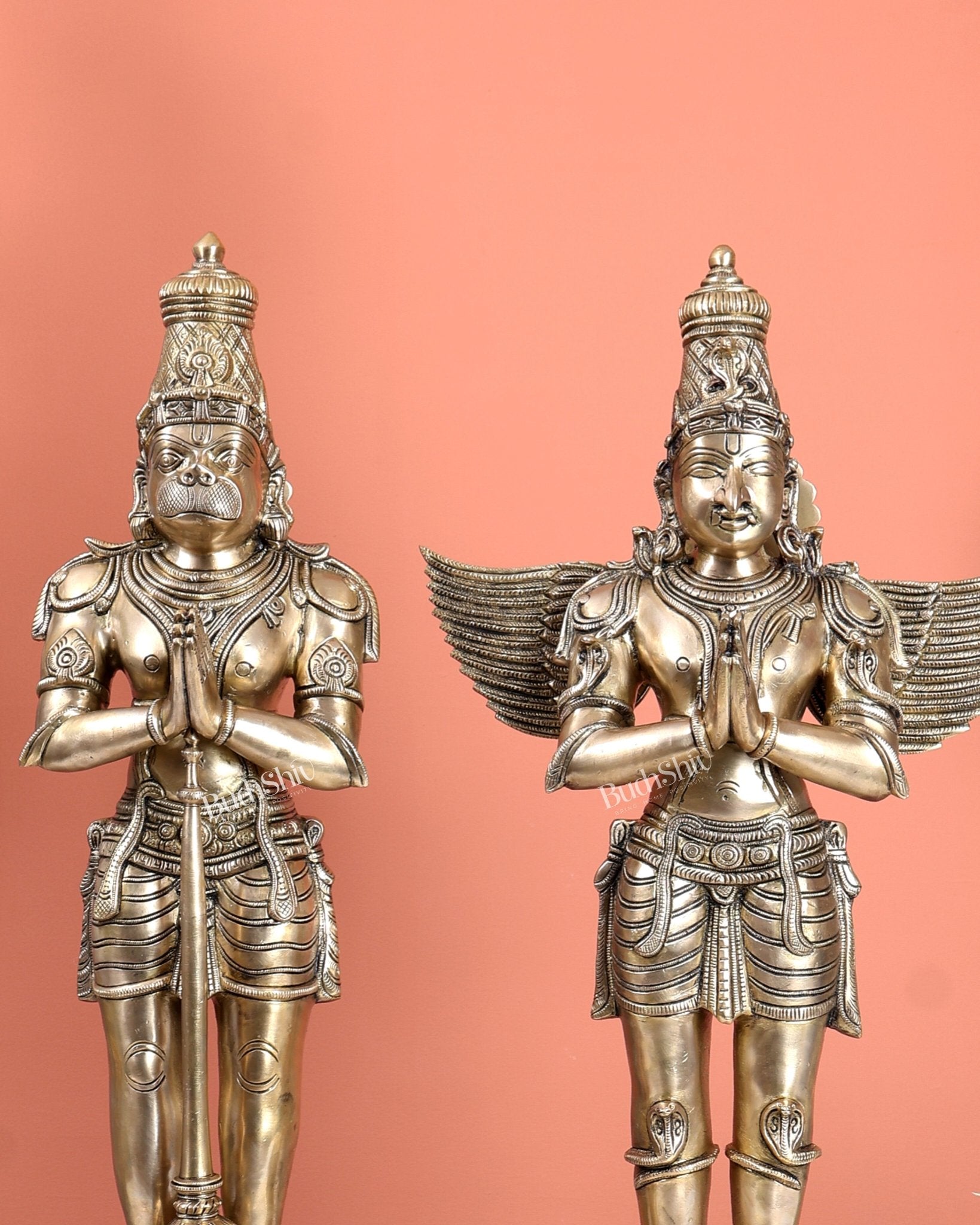 Chola Inspired Brass Hanuman & Garuda Statue Pair – Divine Standing Sculptures (24 Inches) - Budhshiv.com