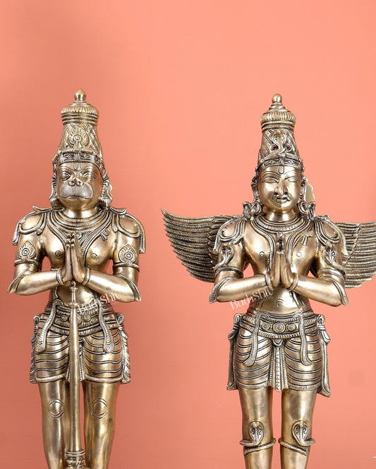 Chola Inspired Brass Hanuman & Garuda Statue Pair – Divine Standing Sculptures (24 Inches) - Budhshiv.com