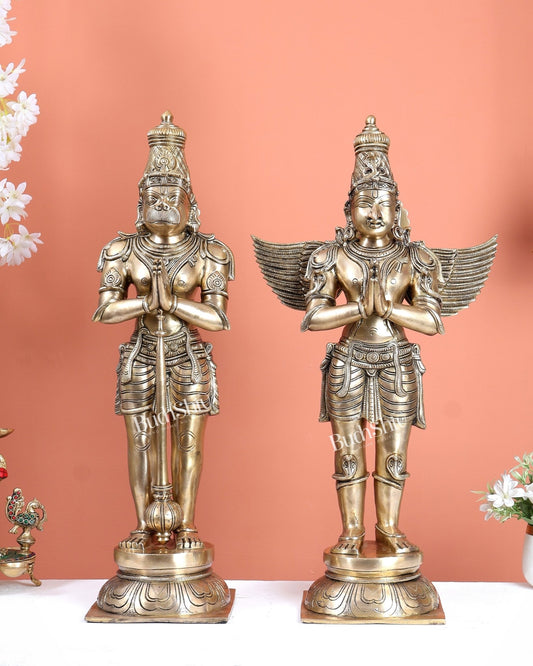 Chola Inspired Brass Hanuman & Garuda Statue Pair – Divine Standing Sculptures (24 Inches) - Budhshiv.com