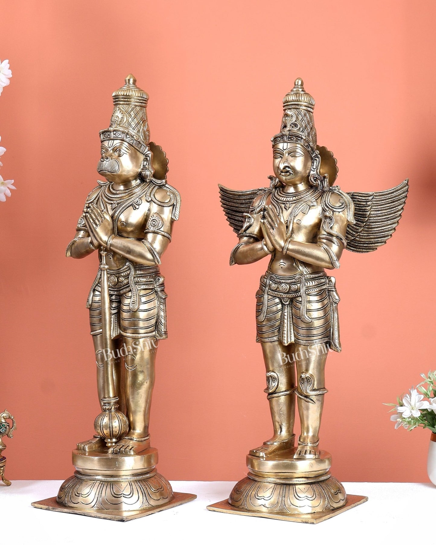Chola Inspired Brass Hanuman & Garuda Statue Pair – Divine Standing Sculptures (24 Inches) - Budhshiv.com