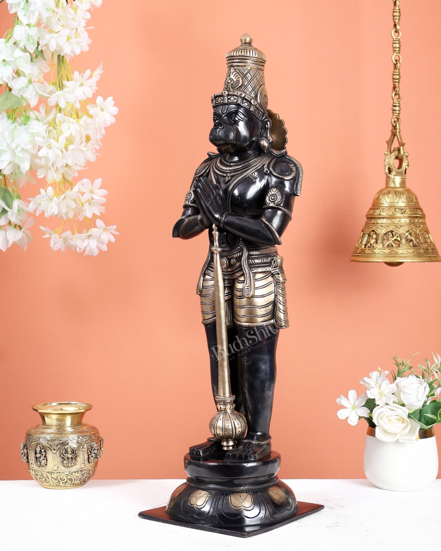 Chola Inspired Brass Standing Hanuman Statue – Anjali Mudra Divine Sculpture (24 Inches) black finish - Budhshiv.com