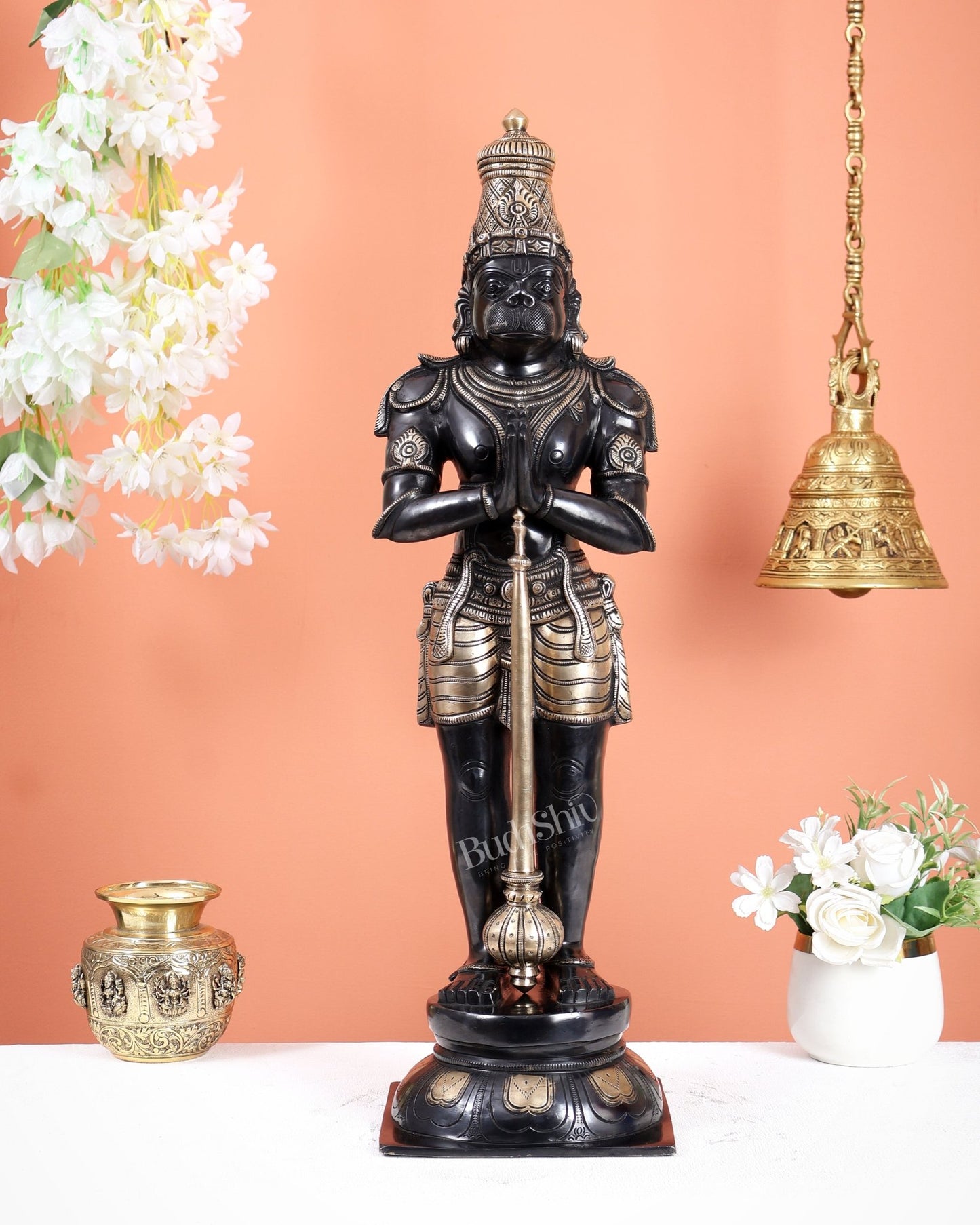 Chola Inspired Brass Standing Hanuman Statue – Anjali Mudra Divine Sculpture (24 Inches) black finish - Budhshiv.com