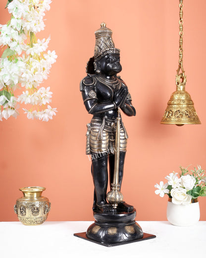 Chola Inspired Brass Standing Hanuman Statue – Anjali Mudra Divine Sculpture (24 Inches) black finish - Budhshiv.com