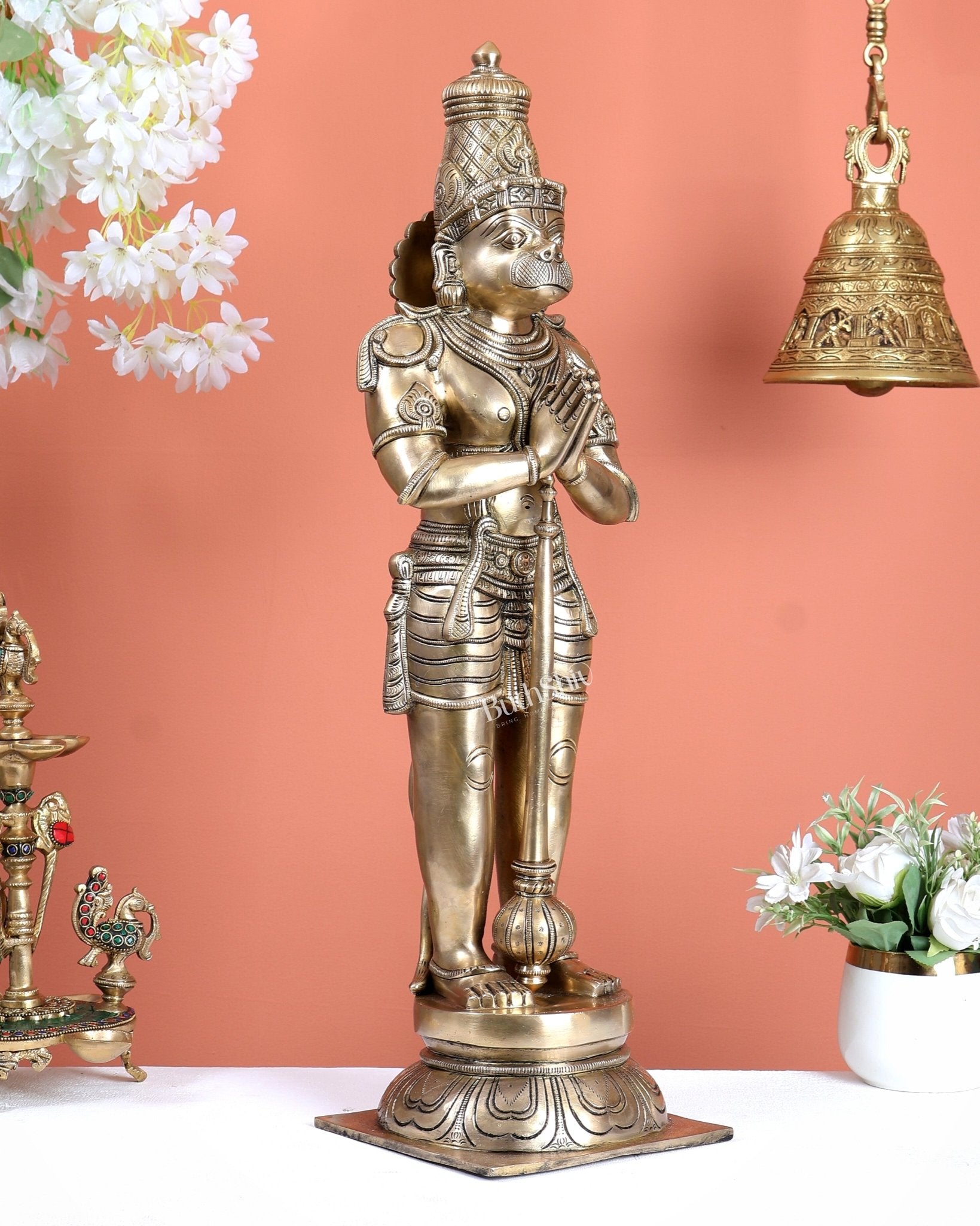 Chola Inspired Brass Standing Hanuman Statue – Anjali Mudra Divine Sculpture (24 Inches) matte gold tone - Budhshiv.com
