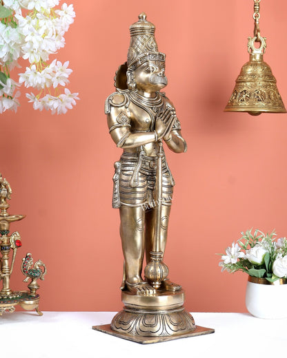 Chola Inspired Brass Standing Hanuman Statue – Anjali Mudra Divine Sculpture (24 Inches) matte gold tone - Budhshiv.com