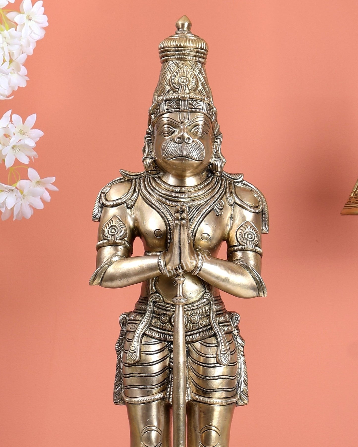 Chola Inspired Brass Standing Hanuman Statue – Anjali Mudra Divine Sculpture (24 Inches) matte gold tone - Budhshiv.com