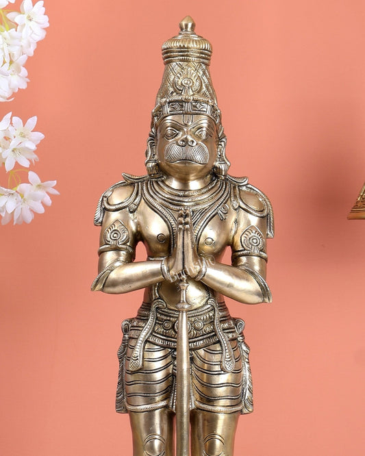 Chola Inspired Brass Standing Hanuman Statue – Anjali Mudra Divine Sculpture (24 Inches) matte gold tone - Budhshiv.com